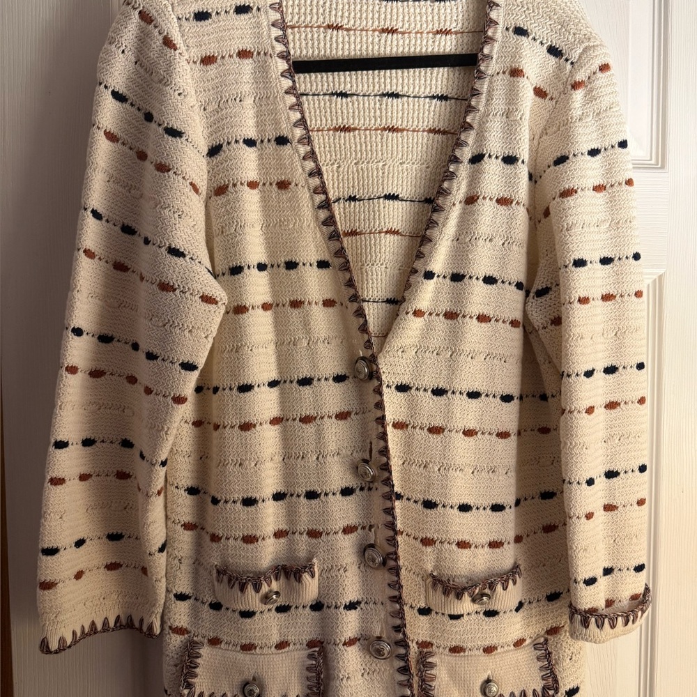 Veronica Beard Cream and Brown Striped Sweater Jacket